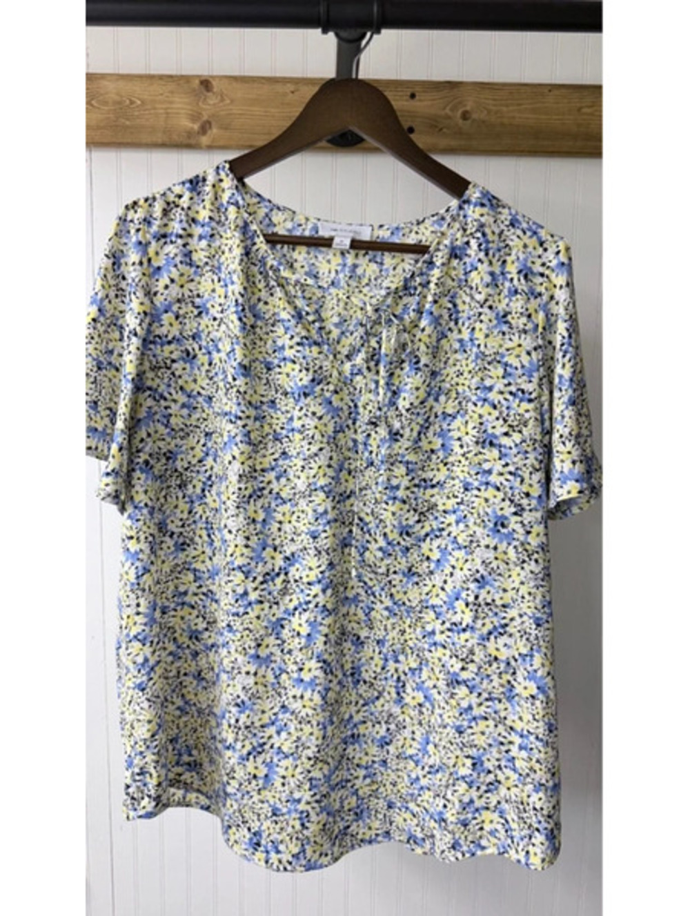 AB Studio blueyellow floral print tie-neck short-sleeve top medium career casual